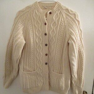 Vintage Irish hand-knit ecru 100% wool cardigan women's M